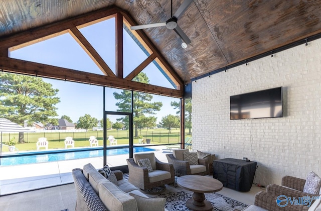 view of patio featuring an outdoor living space, ceiling fan, and a fenced in pool