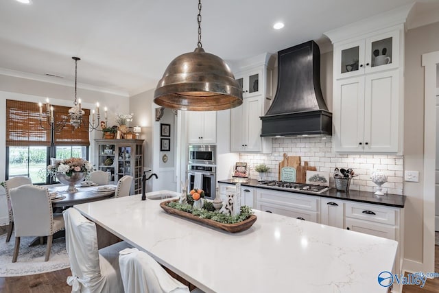 kitchen with tasteful backsplash, stainless steel appliances, pendant lighting, custom range hood, and dark wood-type flooring