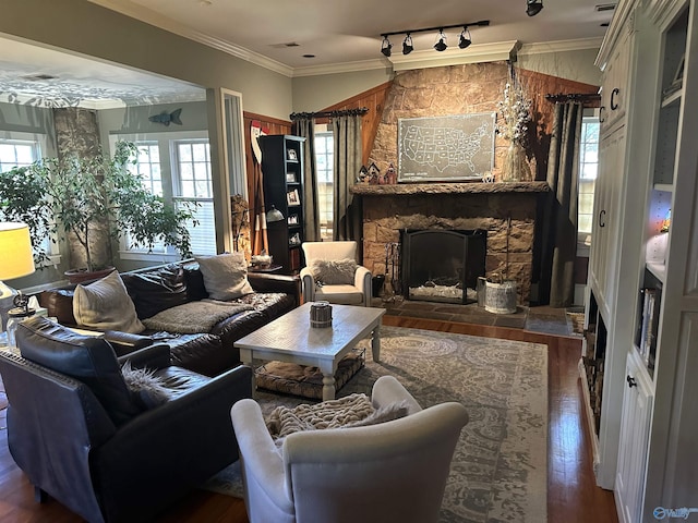 living room featuring a fireplace, ornamental molding, rail lighting, and dark wood-type flooring