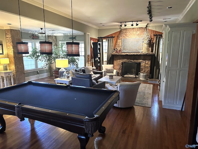 rec room featuring wood-type flooring, a fireplace, billiards, rail lighting, and ornamental molding