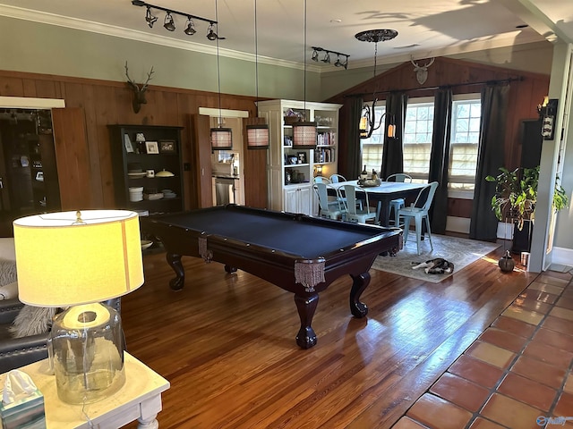 recreation room featuring wooden walls, rail lighting, crown molding, hardwood / wood-style flooring, and billiards