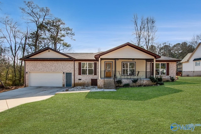 single story home featuring a garage, covered porch, and a front lawn