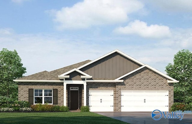 view of front of property with driveway, board and batten siding, a front yard, a garage, and brick siding