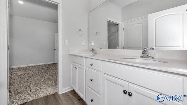 full bathroom featuring double vanity, wood finished floors, baseboards, and a sink