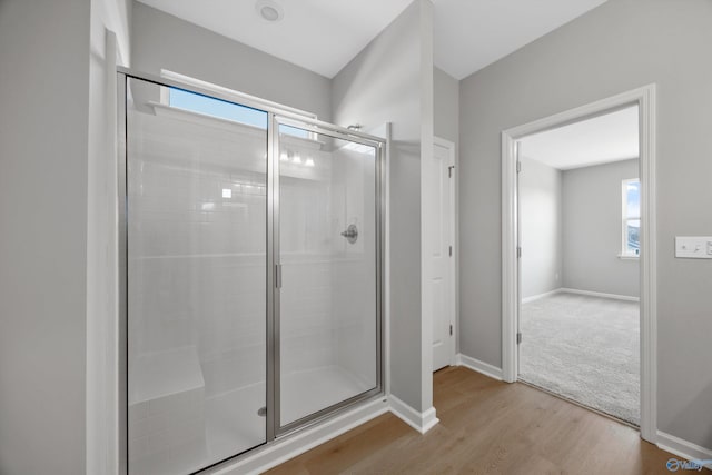 bathroom featuring wood-type flooring and walk in shower