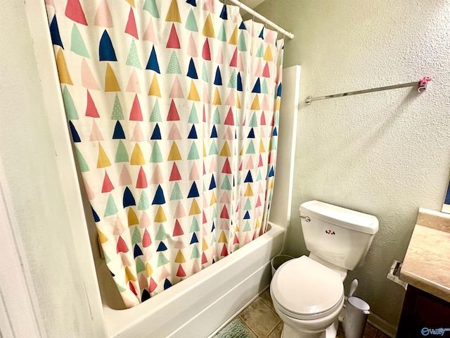 full bathroom with a textured wall, toilet, tile patterned floors, shower / bathtub combination with curtain, and vanity