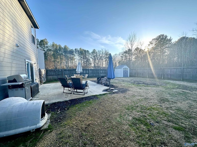 view of yard with a storage shed, a fenced backyard, a patio, and an outdoor structure