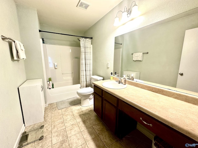 full bathroom featuring visible vents, shower / bathtub combination with curtain, toilet, vanity, and tile patterned flooring