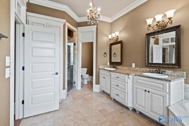 bathroom with walk in shower, toilet, an inviting chandelier, crown molding, and vanity