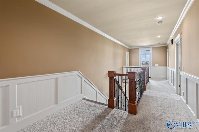 hallway with crown molding and carpet flooring