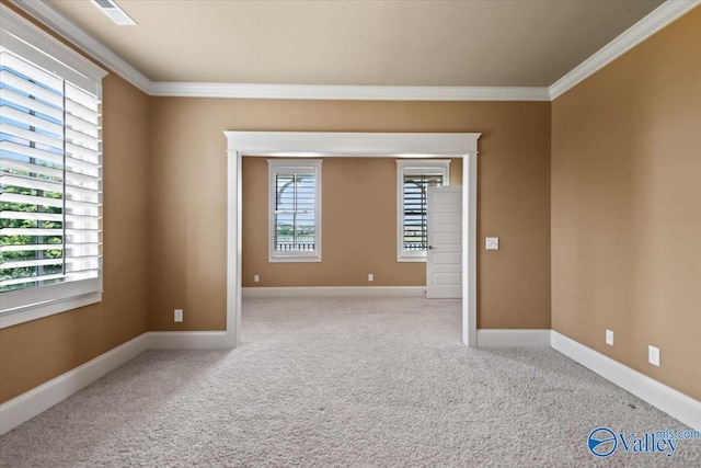 empty room featuring crown molding, a wealth of natural light, and light colored carpet