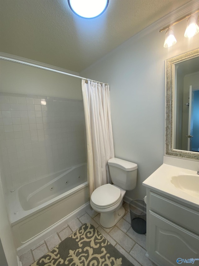 1702 Roseberry Dr, Scottsboro, AL 35769 - bathroom featuring toilet, a combined bath / shower with jetted tub, tile patterned floors, and a textured ceiling