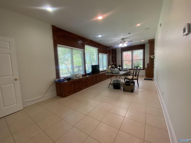 1702 Roseberry Dr, Scottsboro, AL 35769 - dining space featuring light tile patterned flooring, ceiling fan, recessed lighting, and baseboards