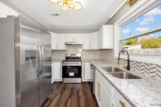 409 Hobbs Rd SE, Huntsville, AL 35803 - kitchen featuring under cabinet range hood, stainless steel appliances, visible vents, a sink, and dark wood-type flooring