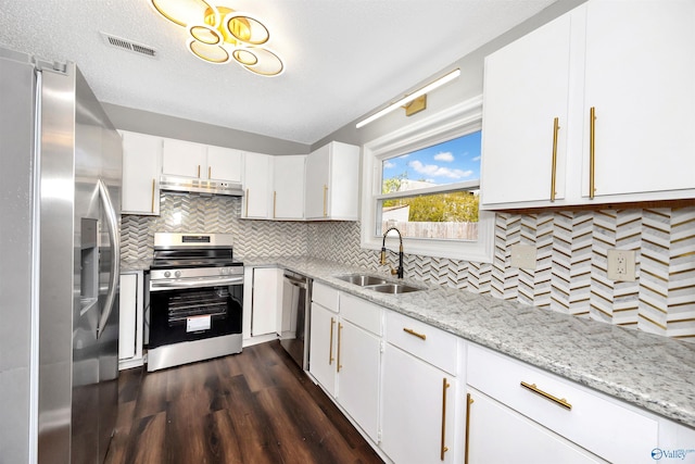 409 Hobbs Rd SE, Huntsville, AL 35803 - kitchen with dark wood-style flooring, a sink, appliances with stainless steel finishes, under cabinet range hood, and visible vents