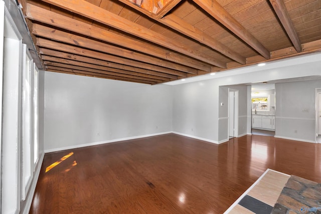 409 Hobbs Rd SE, Huntsville, AL 35803 - spare room with beamed ceiling, baseboards, wooden ceiling, and wood finished floors