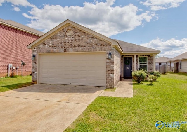 ranch-style home featuring a garage, driveway, brick siding, and a front yard