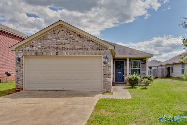 single story home with a garage, driveway, a front lawn, and brick siding