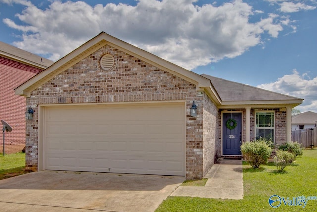 single story home with brick siding, driveway, and an attached garage