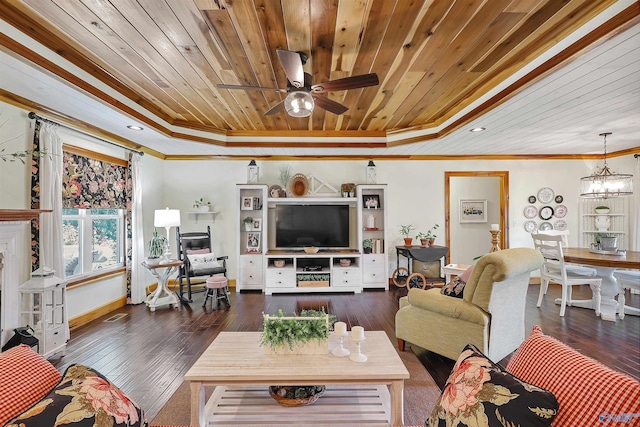 living room featuring ceiling fan with notable chandelier, wood ceiling, dark hardwood / wood-style floors, and crown molding