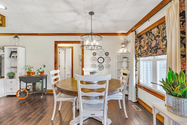 dining room featuring crown molding, dark wood-type flooring, and wooden ceiling