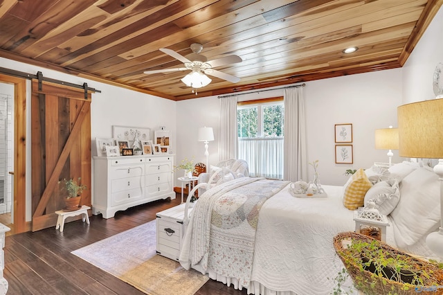 bedroom featuring wooden ceiling, ceiling fan, dark hardwood / wood-style floors, and a barn door