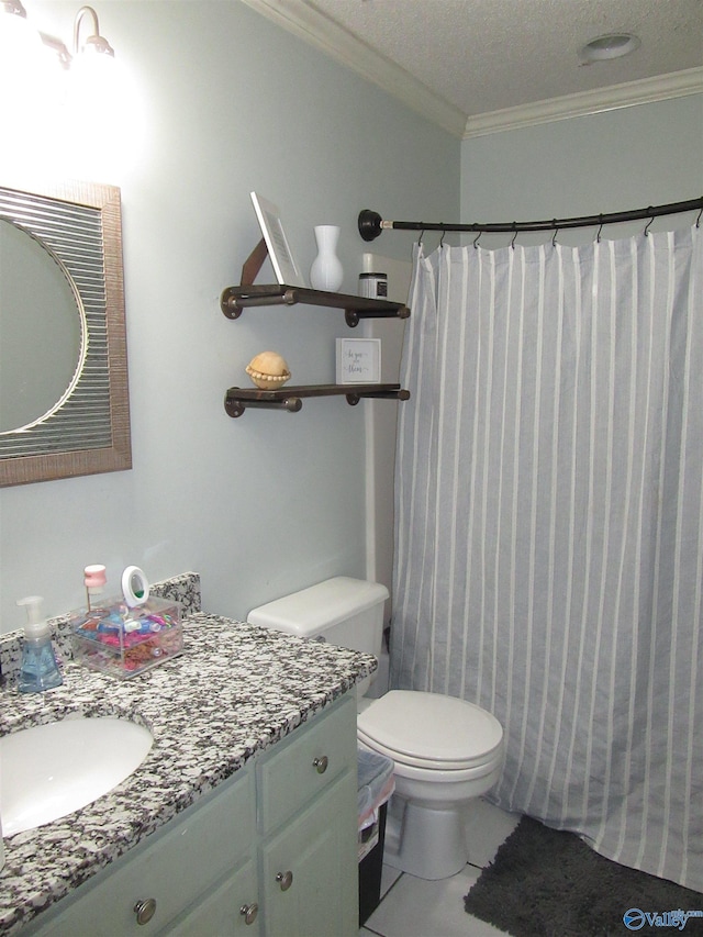 bathroom featuring crown molding, a shower with shower curtain, toilet, vanity, and tile patterned floors