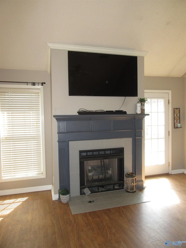 details featuring a fireplace, baseboards, and wood finished floors