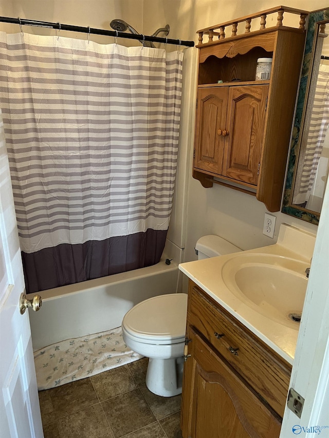 full bathroom with toilet, shower / bath combo, and vanity