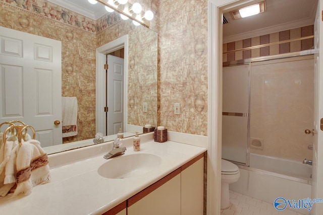 full bathroom with crown molding, vanity,  shower combination, and toilet