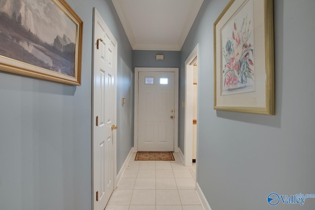 doorway with light tile patterned floors and ornamental molding