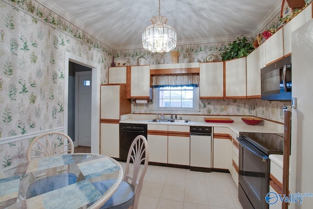 kitchen featuring sink, pendant lighting, white cabinets, black appliances, and ornamental molding