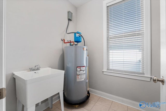 utility room with electric water heater and sink