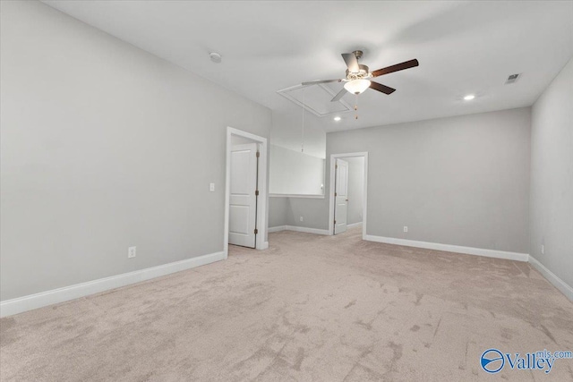 unfurnished bedroom featuring ceiling fan and light carpet