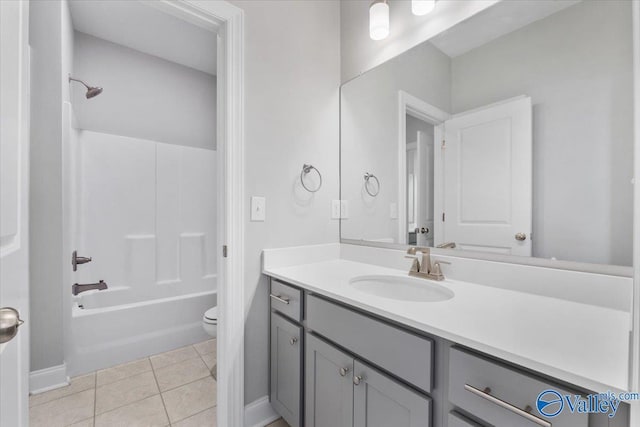 full bathroom featuring toilet, vanity, bathing tub / shower combination, and tile patterned floors