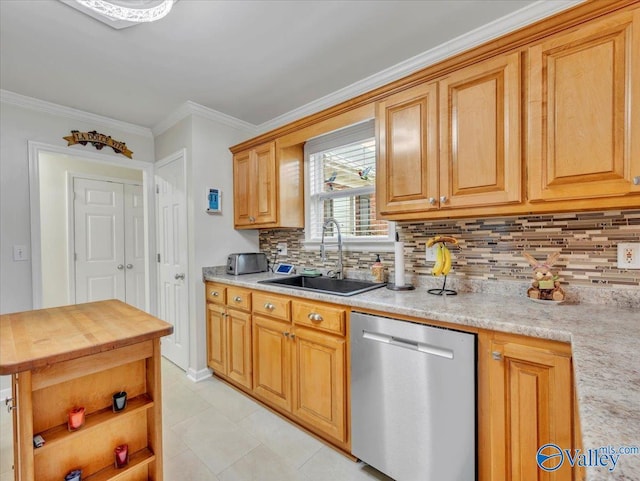 986 Tracey Ln, Decatur, AL 35601 - kitchen with stainless steel dishwasher, a sink, backsplash, butcher block countertops, and ornamental molding