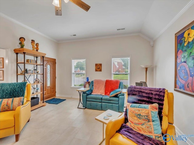 986 Tracey Ln, Decatur, AL 35601 - living area with ornamental molding, ceiling fan, baseboards, and lofted ceiling