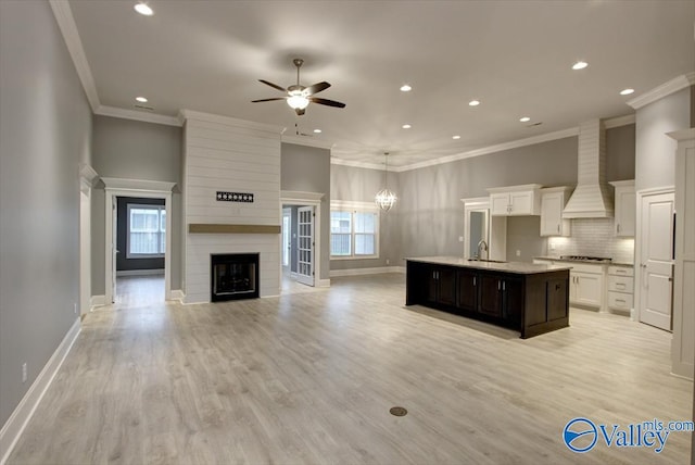 26415 Birkshire Ln, Athens, AL 35613 - kitchen featuring a sink, custom exhaust hood, open floor plan, a ceiling fan, and recessed lighting