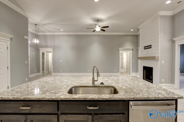 26415 Birkshire Ln, Athens, AL 35613 - kitchen featuring a sink, open floor plan, stainless steel dishwasher, a ceiling fan, and dark brown cabinets