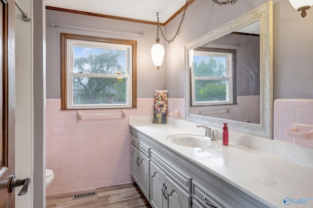 bathroom featuring vanity, hardwood / wood-style floors, toilet, and plenty of natural light