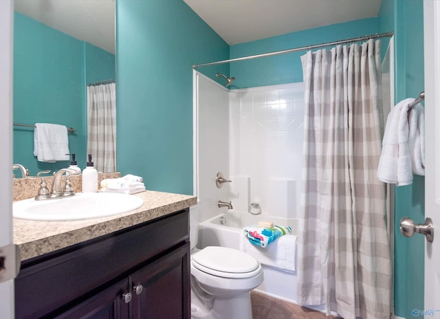 bathroom featuring toilet, shower / tub combo, tile patterned flooring, and vanity