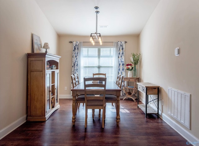 dining room featuring visible vents, baseboards, and dark wood-style floors