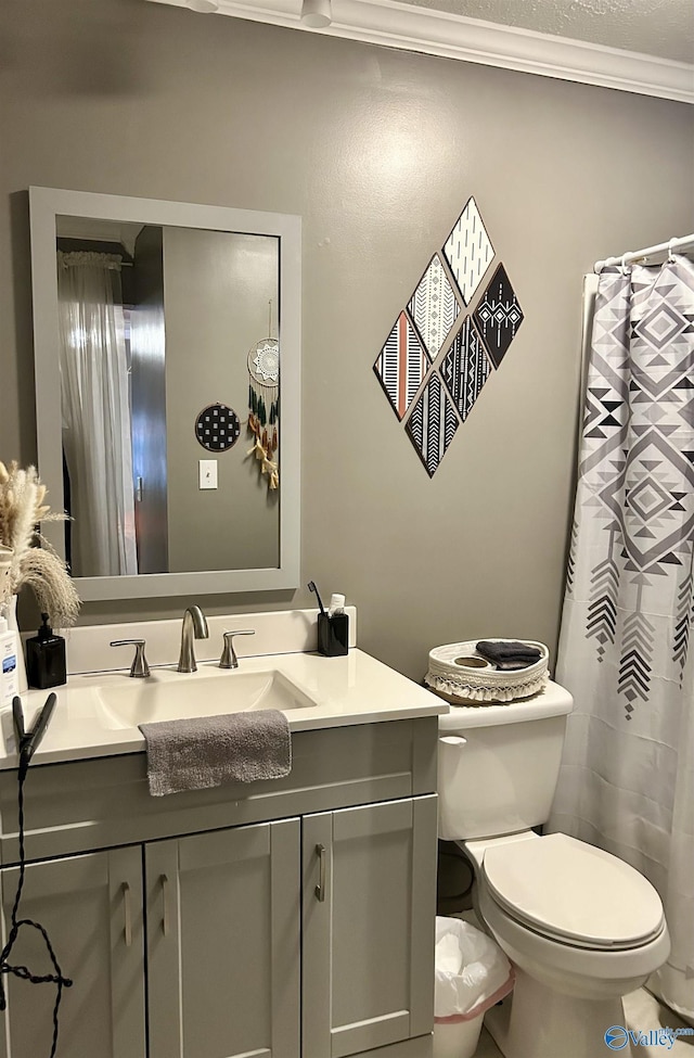 bathroom with toilet, vanity, and crown molding