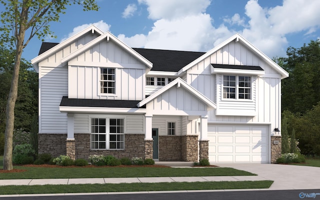 view of front facade featuring concrete driveway, an attached garage, stone siding, board and batten siding, and a shingled roof