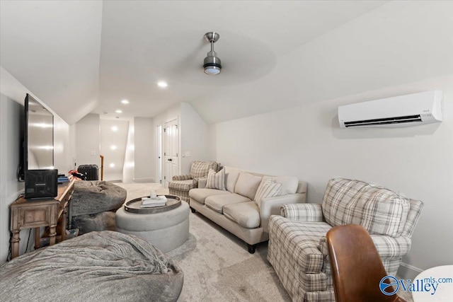 living room featuring ceiling fan, vaulted ceiling, light colored carpet, and a wall mounted AC