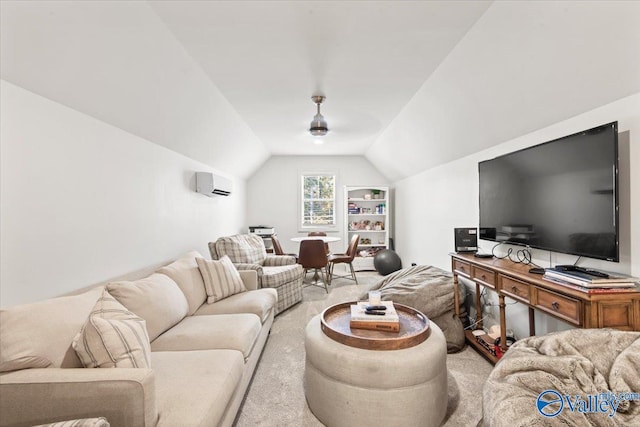 carpeted living room with a wall mounted AC and lofted ceiling