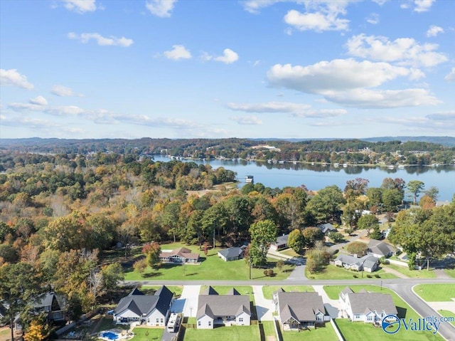 drone / aerial view with a water view