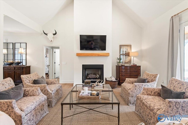 living room with light hardwood / wood-style flooring and high vaulted ceiling