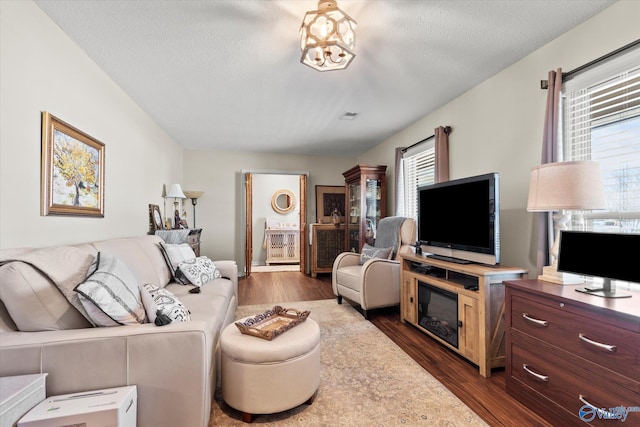 living room featuring dark wood-style floors, visible vents, and a textured ceiling