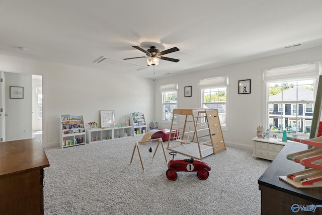 rec room featuring ceiling fan and carpet floors